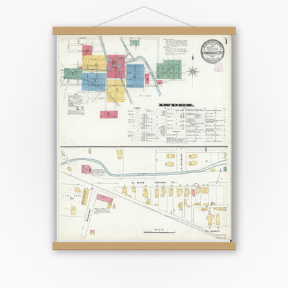 Old map wall art mockup — magnetic wood frame on white wall — Sanborn Fire Insurance Map from Cambridge City, Wayne County, Indiana (1908), Sheet #0001