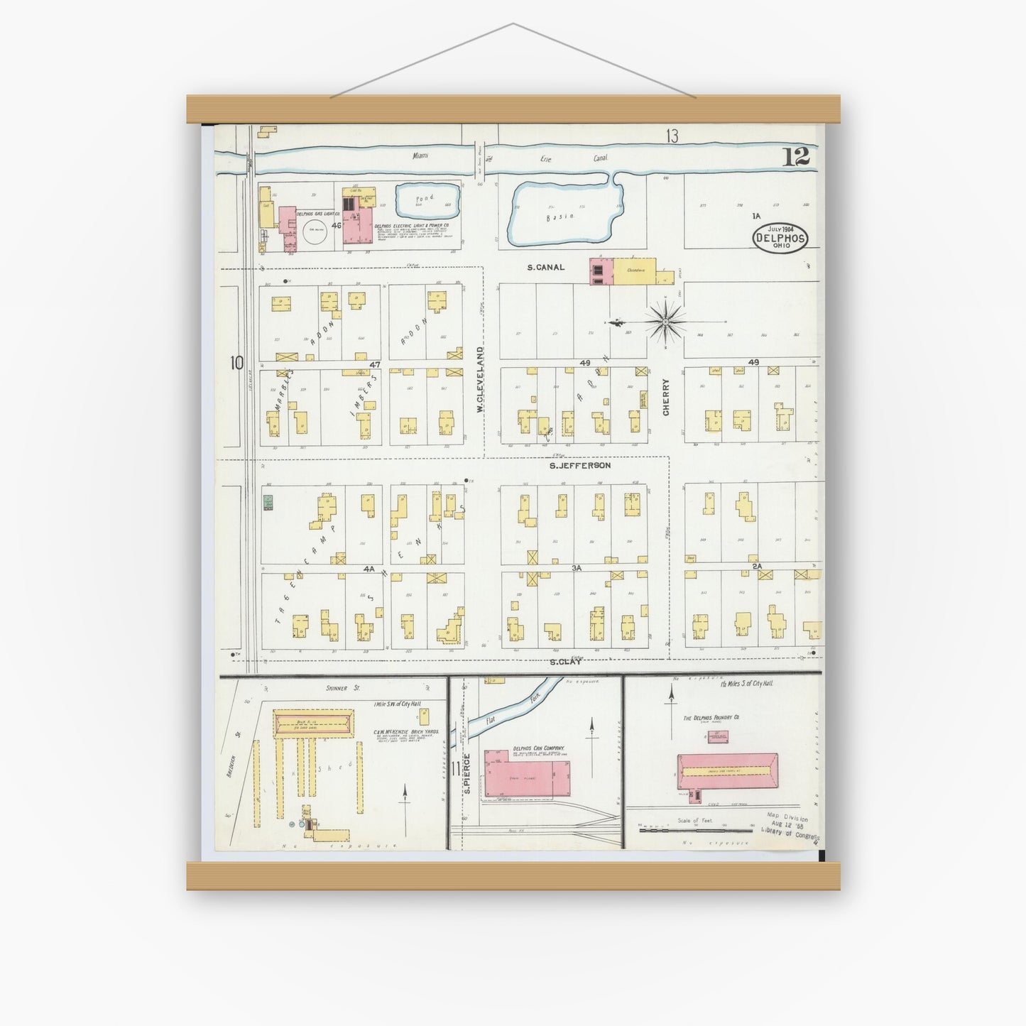 Old map wall art mockup — magnetic wood frame on white wall — Sanborn Fire Insurance Map from Delphos, Van Wert And Allen Counties, Ohio (1904), Sheet #0012