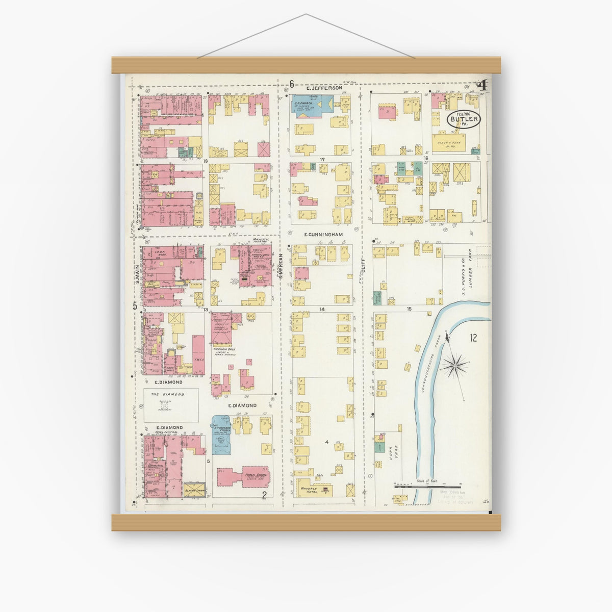 Old map wall art mockup — magnetic wood frame on white wall — Sanborn Fire Insurance Map from Butler, Butler County, Pennsylvania (1906), Sheet #0004