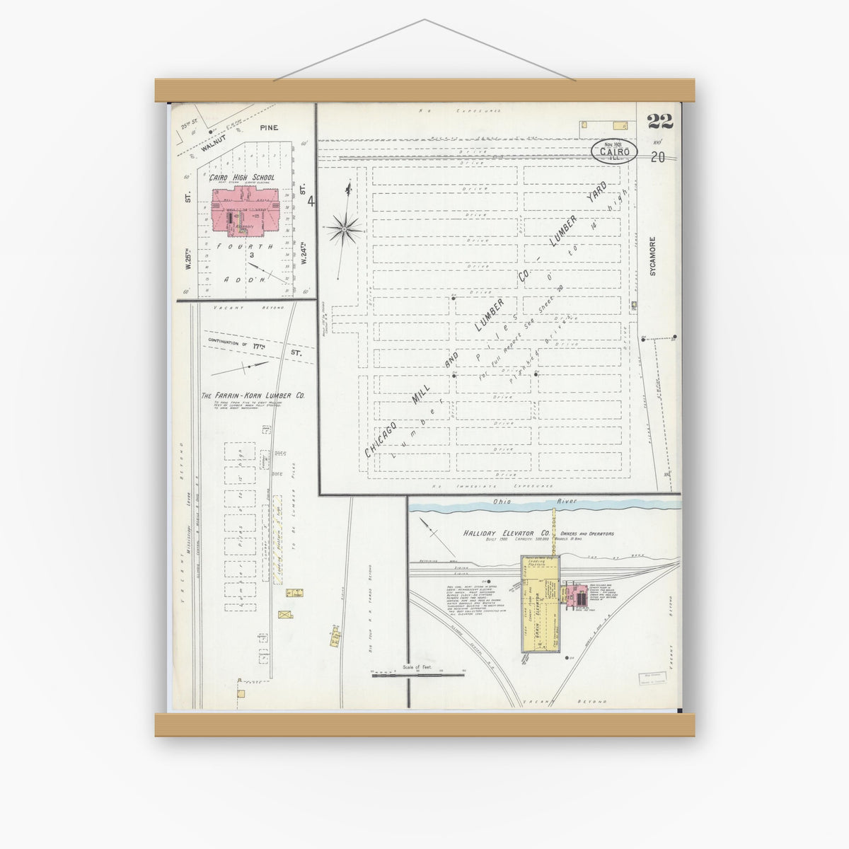 Old map wall art mockup — magnetic wood frame on white wall — Sanborn Fire Insurance Map from Cairo, Alexander County, Illinois (1901), Sheet #0022
