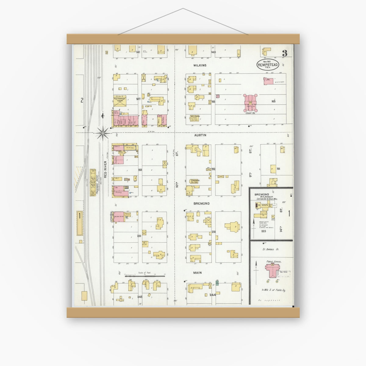 Old map wall art mockup — magnetic wood frame on white wall — Sanborn Fire Insurance Map from Hempstead, Waller County, Texas (1901), Sheet #0003