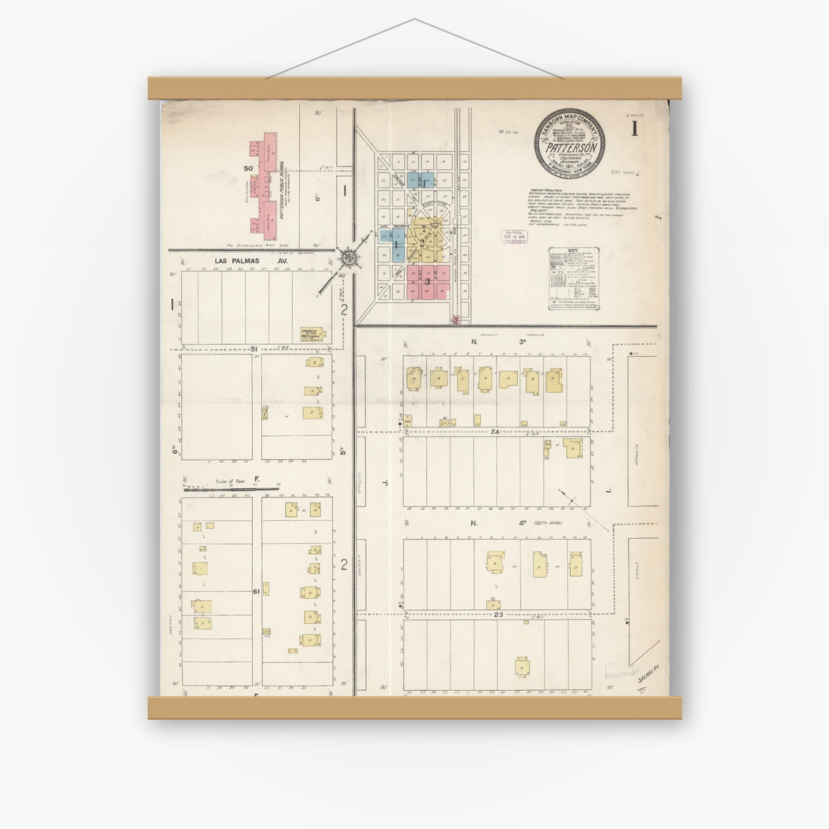 Old map wall art mockup — magnetic wood frame on white wall — Sanborn Fire Insurance Map from Patterson, Stanislaus County, California (1911) - Complete Map Set