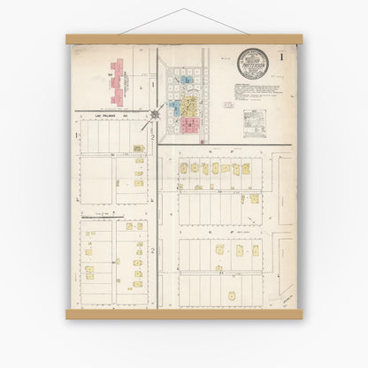 Old map wall art mockup — magnetic wood frame on white wall — Sanborn Fire Insurance Map from Patterson, Stanislaus County, California (1911) - Complete Map Set