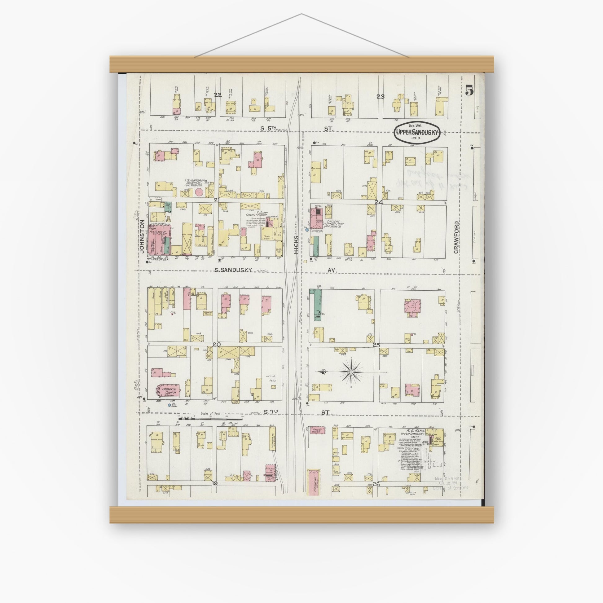 Old map wall art mockup — magnetic wood frame on white wall — Sanborn Fire Insurance Map from Upper Sandusky, Wyandot County, Ohio (1892), Sheet #0005