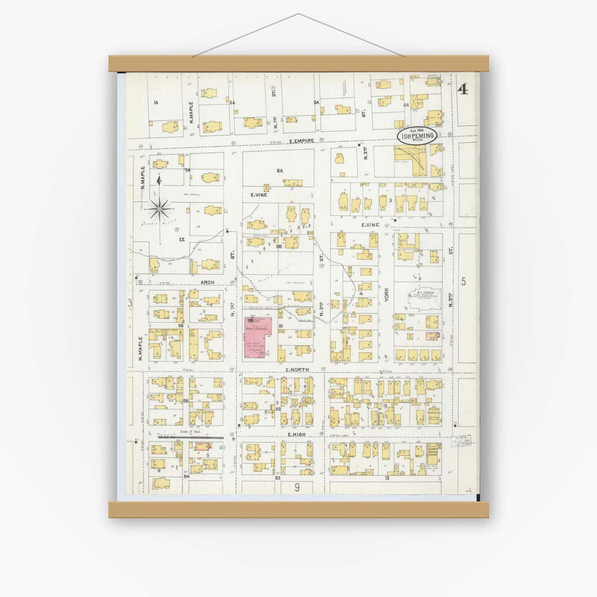 Old map wall art mockup — magnetic wood frame on white wall — Sanborn Fire Insurance Map from Ishpeming, Marquette County, Michigan (1904), Sheet #0004