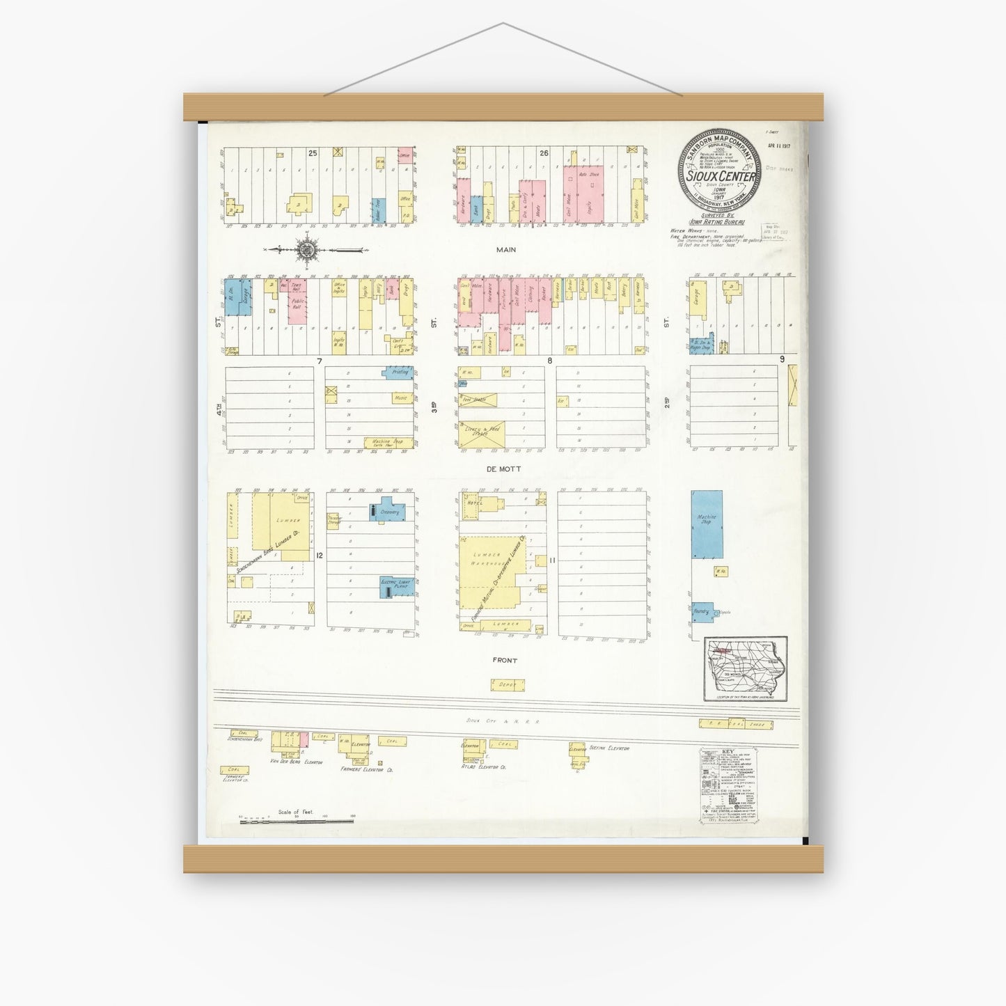 Old map wall art mockup — magnetic wood frame on white wall — Sanborn Fire Insurance Map from Sioux Center, Sioux County, Iowa (1917), Sheet #0001