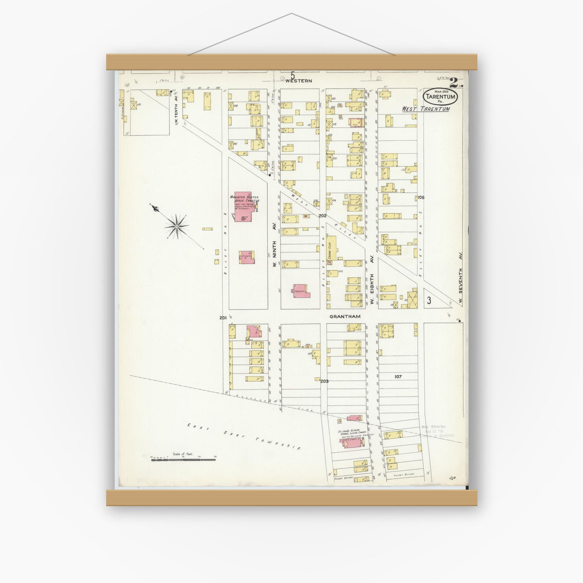 Old map wall art mockup — magnetic wood frame on white wall — Sanborn Fire Insurance Map from Tarentum, Allegheny County, Pennsylvania (1909), Sheet #0002