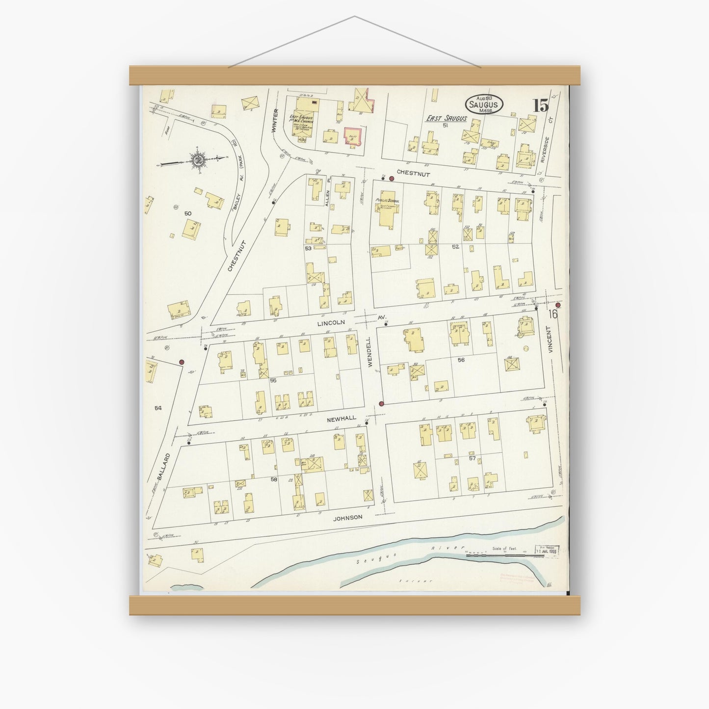 Old map wall art mockup — magnetic wood frame on white wall — Sanborn Fire Insurance Map from Saugus, Essex County, Massachusetts (1913), Sheet #0015