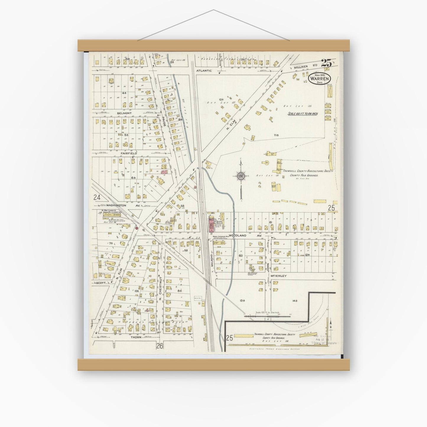 Old map wall art mockup — magnetic wood frame on white wall — Sanborn Fire Insurance Map from Warren, Trumbull County, Ohio (1915), Sheet #0025