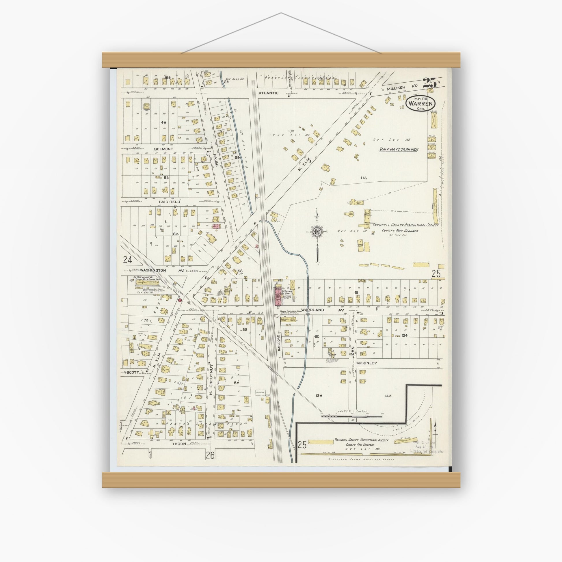 Old map wall art mockup — magnetic wood frame on white wall — Sanborn Fire Insurance Map from Warren, Trumbull County, Ohio (1915), Sheet #0025