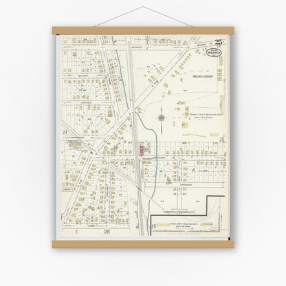 Old map wall art mockup — magnetic wood frame on white wall — Sanborn Fire Insurance Map from Warren, Trumbull County, Ohio (1915), Sheet #0025