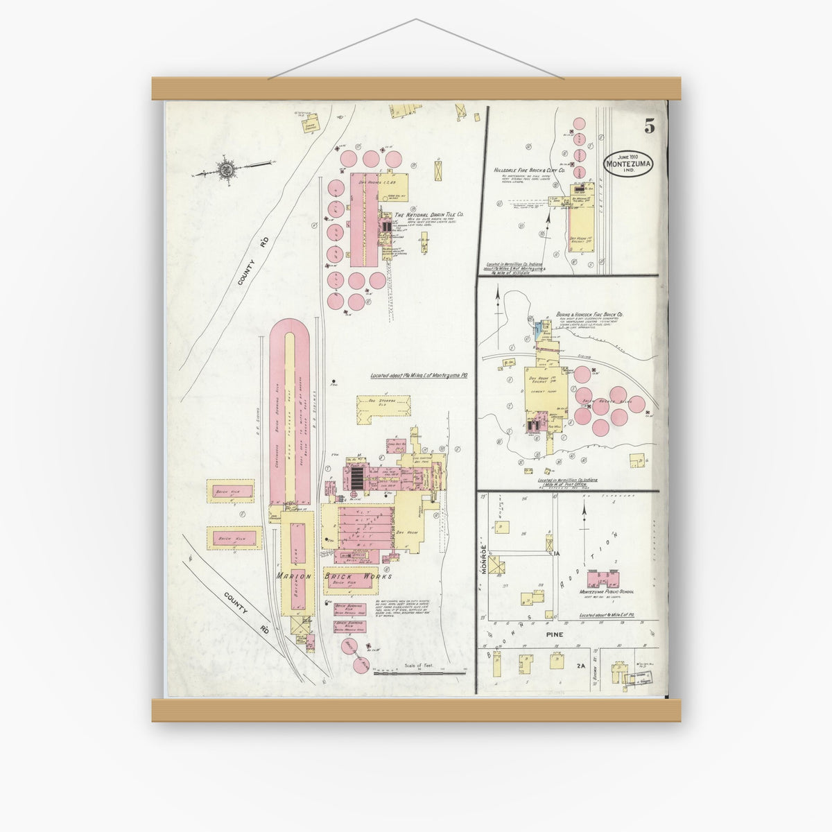 Old map wall art mockup — magnetic wood frame on white wall — Sanborn Fire Insurance Map from Montezuma, Parke County, Indiana (1910), Sheet #0005
