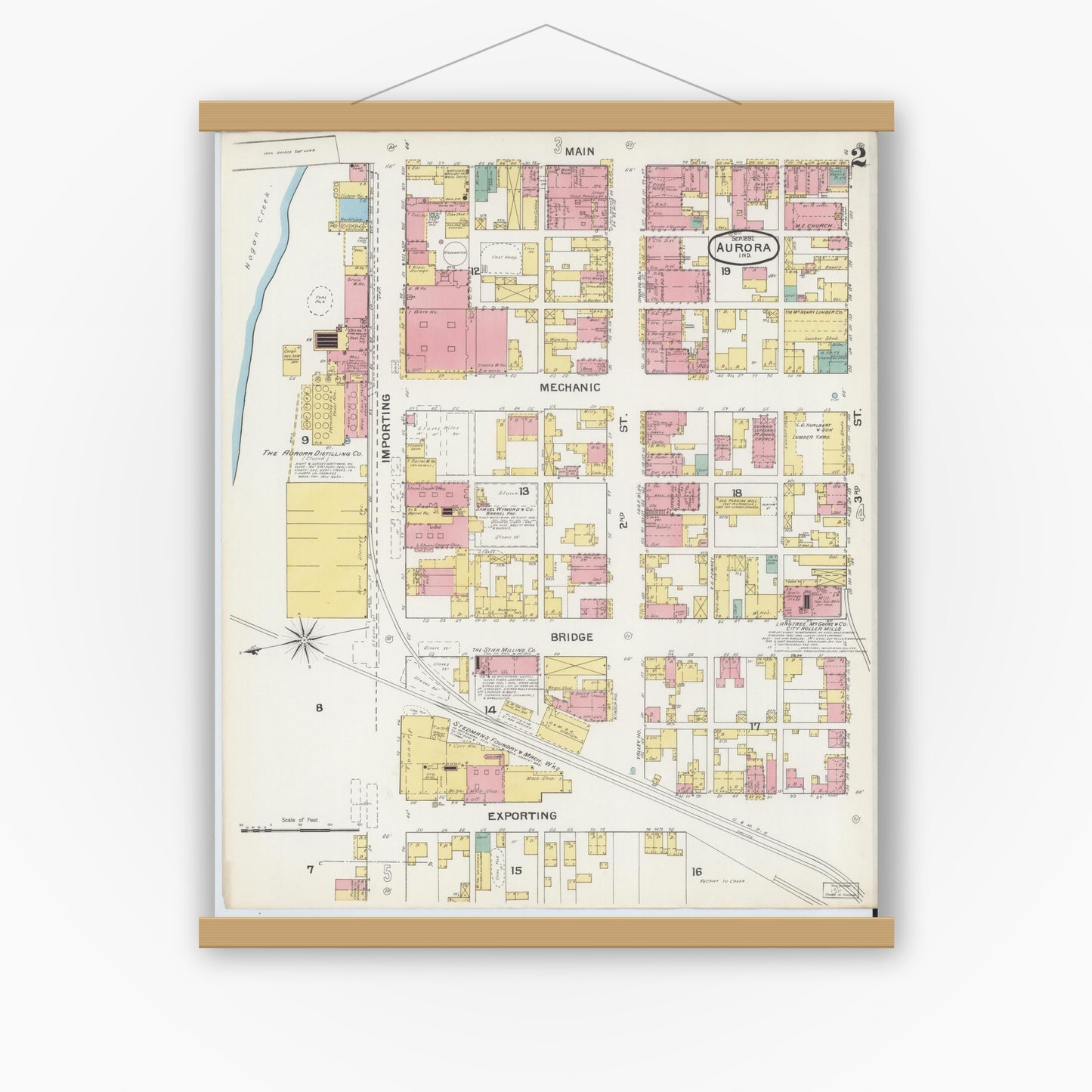 Old map wall art mockup — magnetic wood frame on white wall — Sanborn Fire Insurance Map from Aurora, Dearborn County, Indiana (1892), Sheet #0002