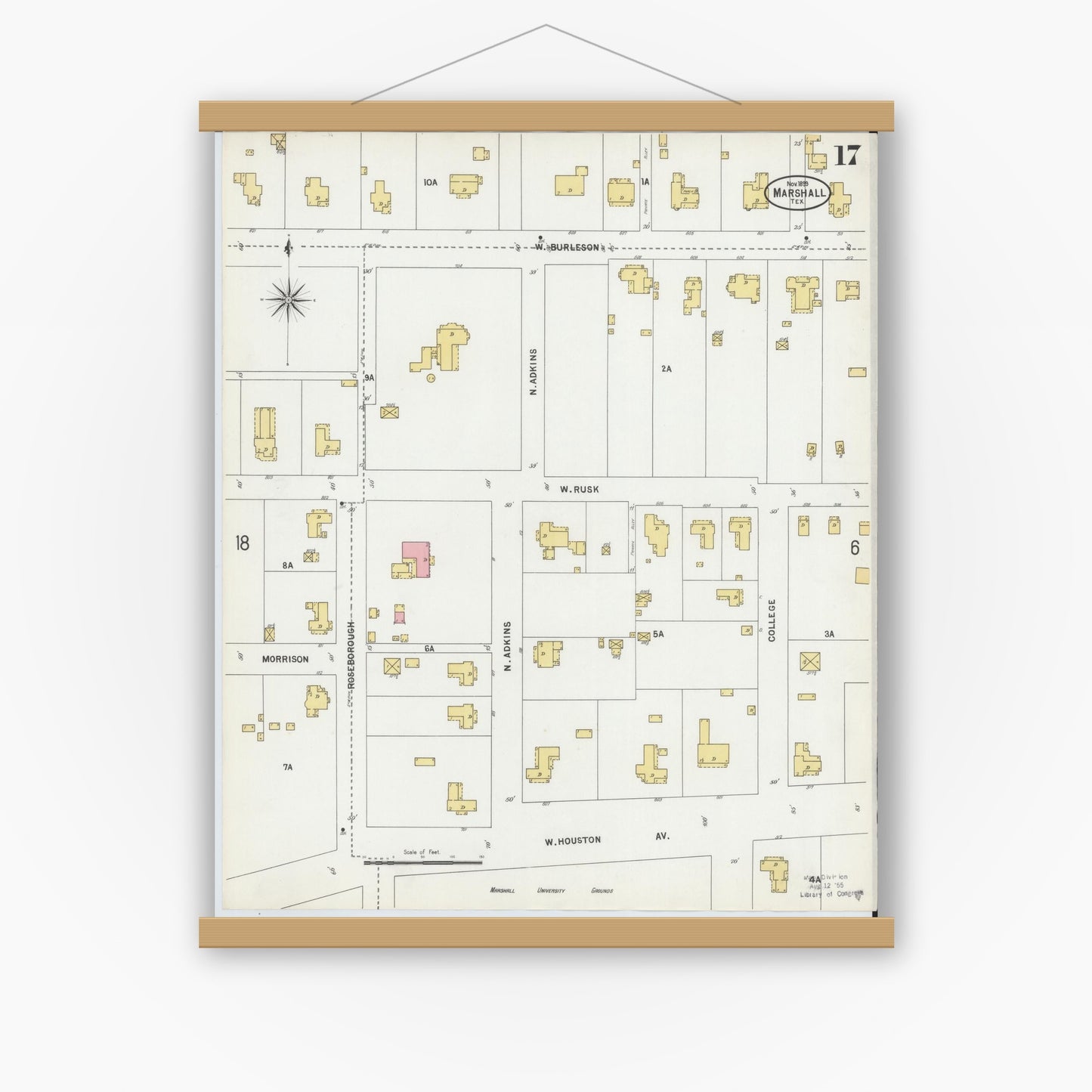 Old map wall art mockup — magnetic wood frame on white wall — Sanborn Fire Insurance Map from Marshall, Harrison County, Texas (1899), Sheet #0017