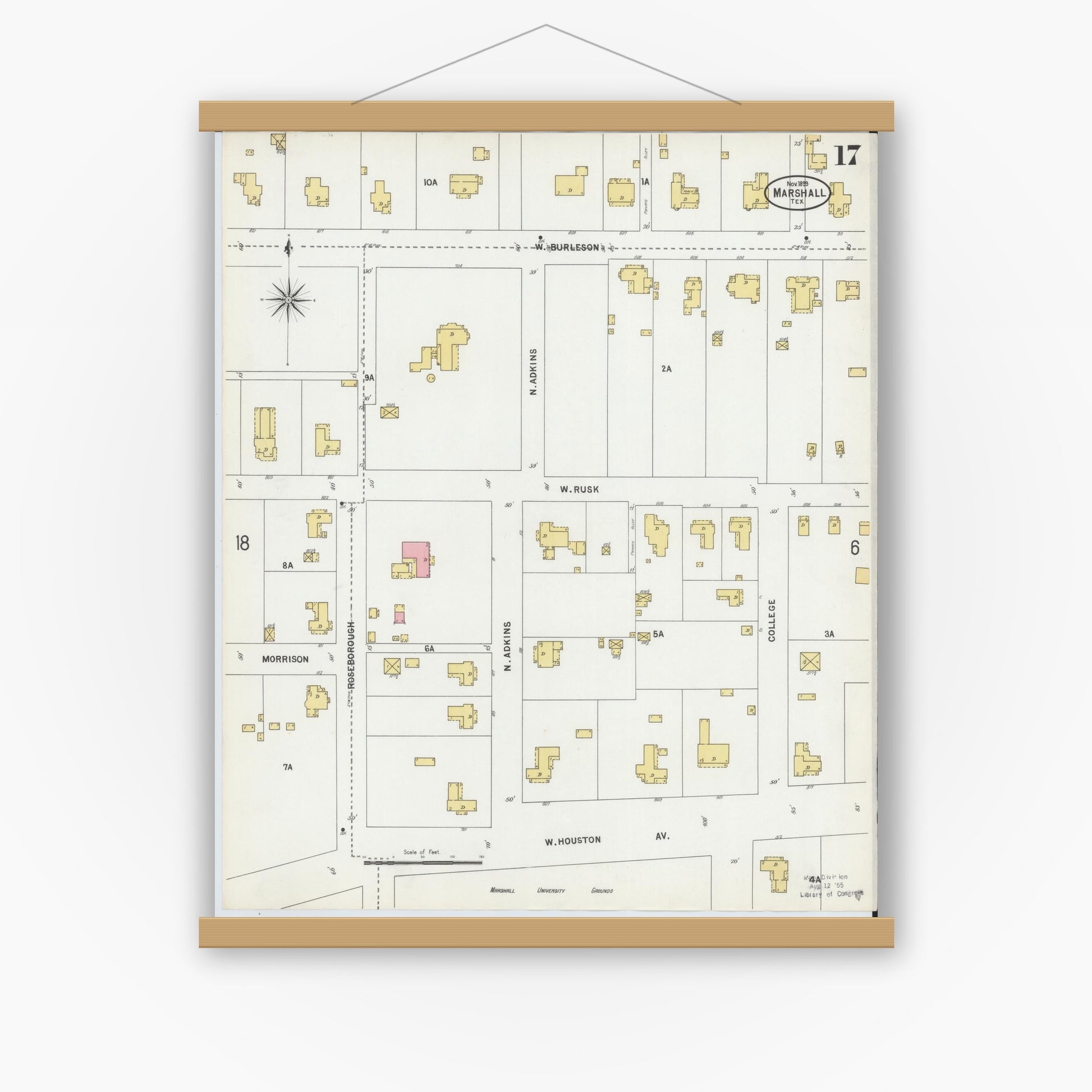 Old map wall art mockup — magnetic wood frame on white wall — Sanborn Fire Insurance Map from Marshall, Harrison County, Texas (1899), Sheet #0017
