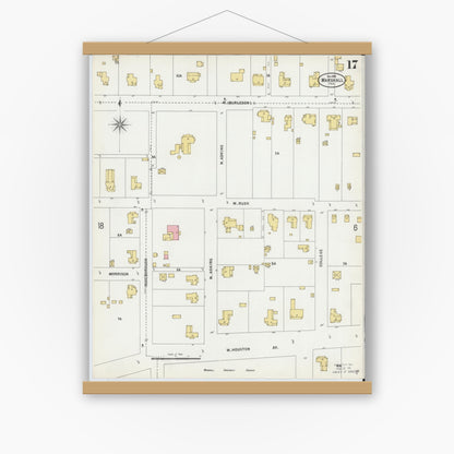Old map wall art mockup — magnetic wood frame on white wall — Sanborn Fire Insurance Map from Marshall, Harrison County, Texas (1899), Sheet #0017