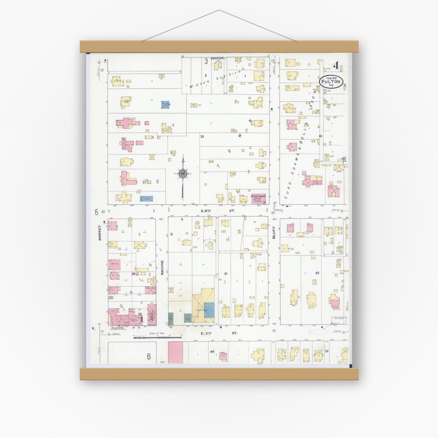 Old map wall art mockup — magnetic wood frame on white wall — Sanborn Fire Insurance Map from Fulton, Callaway County, Missouri (1910), Sheet #0004