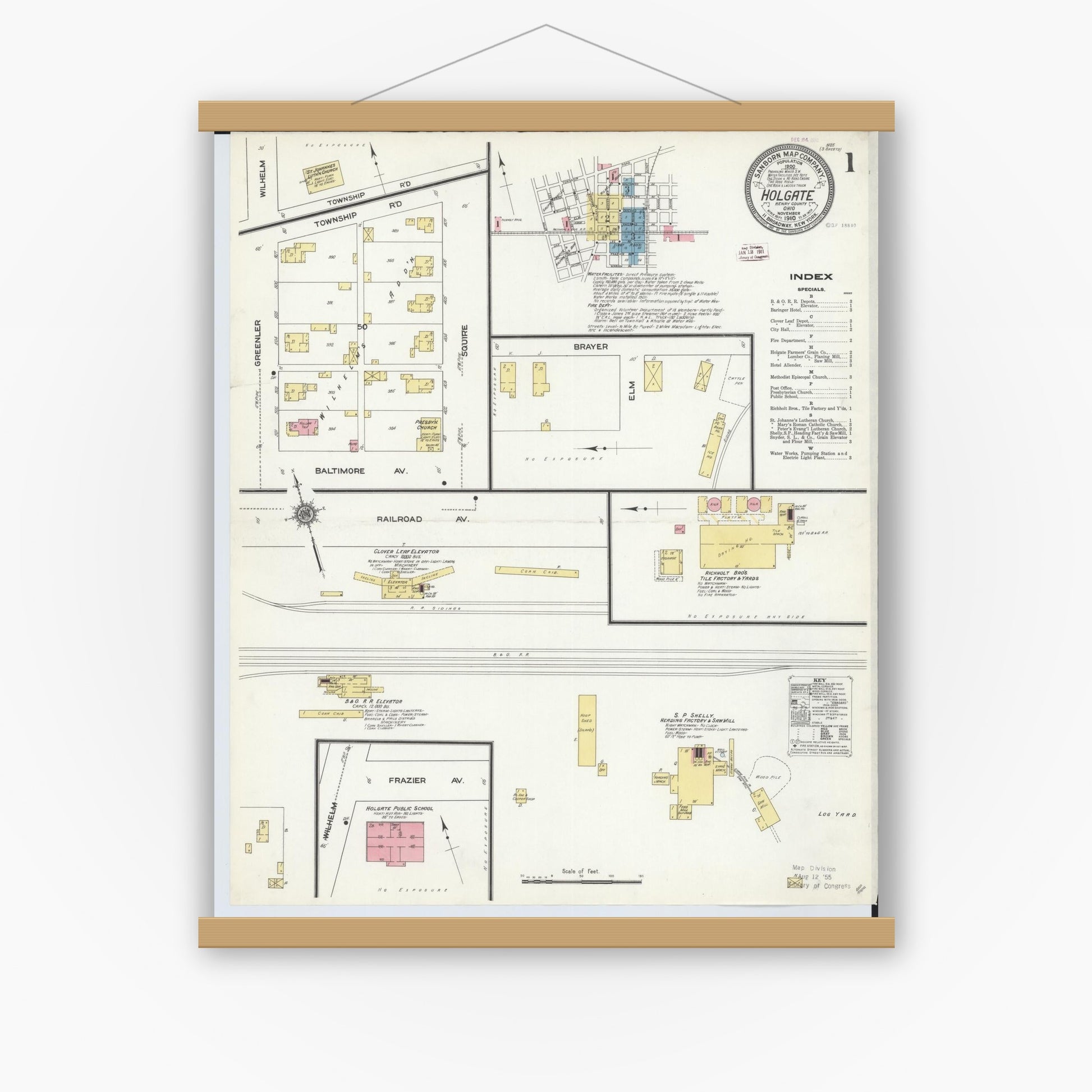 Old map wall art mockup — magnetic wood frame on white wall — Sanborn Fire Insurance Map from Holgate, Henry County, Ohio (1910) - Complete Map Set