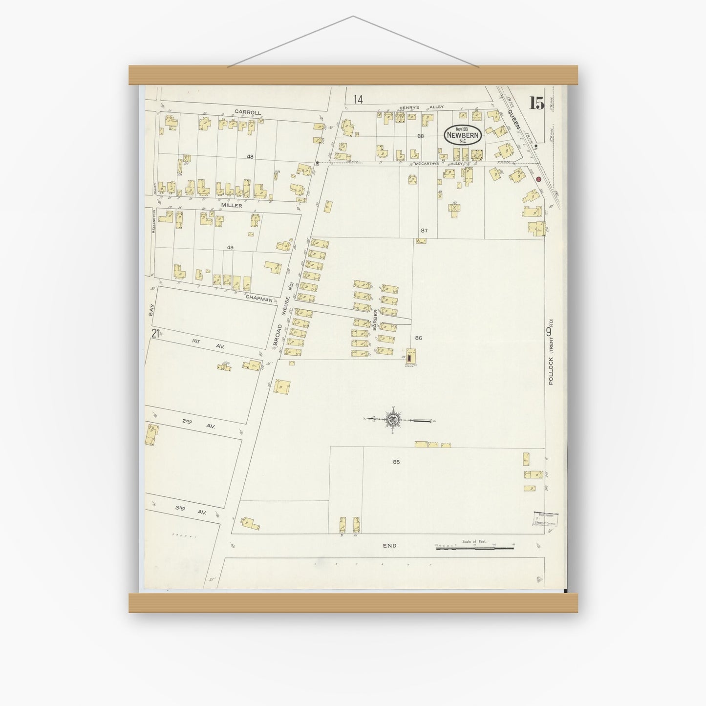Old map wall art mockup — magnetic wood frame on white wall — Sanborn Fire Insurance Map from New Bern, Craven County, North Carolina (1913), Sheet #0015