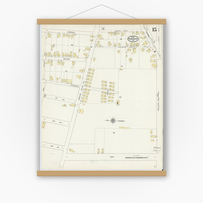 Old map wall art mockup — magnetic wood frame on white wall — Sanborn Fire Insurance Map from New Bern, Craven County, North Carolina (1913), Sheet #0015