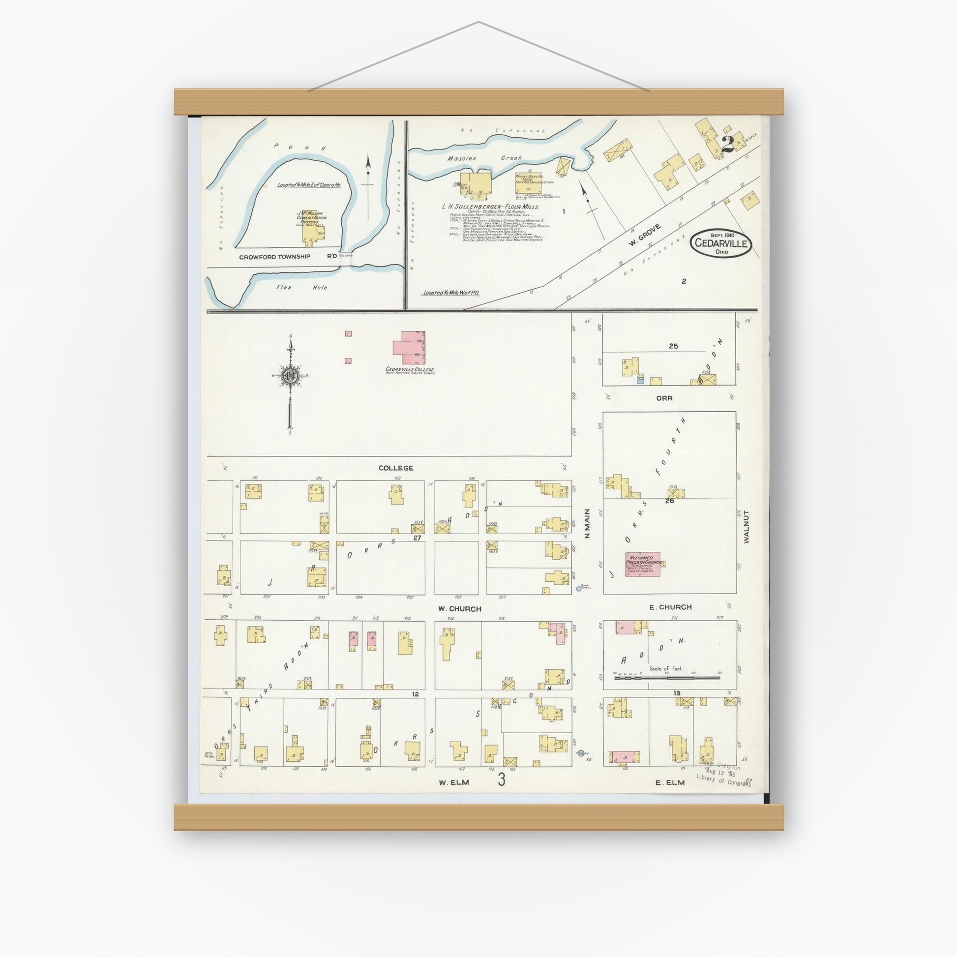 Old map wall art mockup — magnetic wood frame on white wall — Sanborn Fire Insurance Map from Cedarville, Greene County, Ohio (1910), Sheet #0002