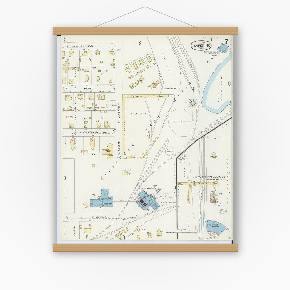 Old map wall art mockup — magnetic wood frame on white wall — Sanborn Fire Insurance Map from Ishpeming, Marquette County, Michigan (1897), Sheet #0007