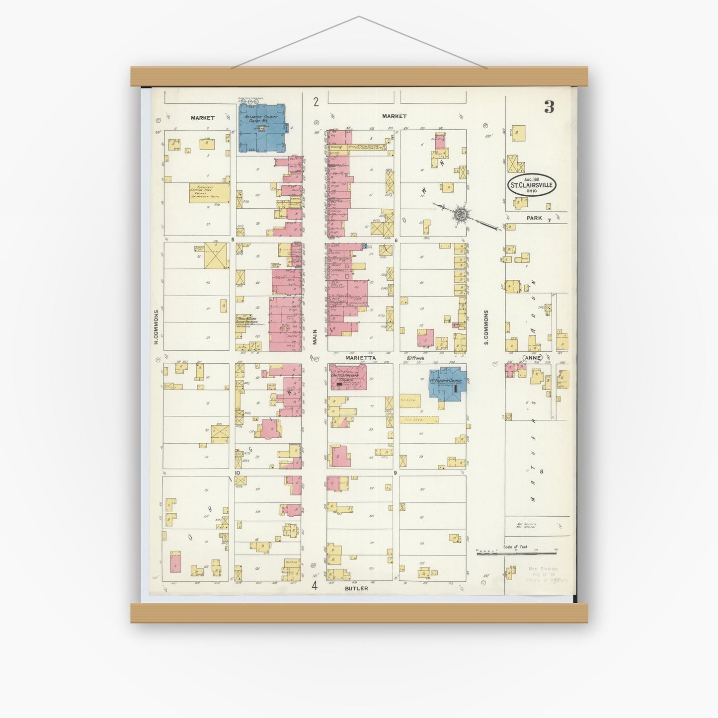 Old map wall art mockup — magnetic wood frame on white wall — Sanborn Fire Insurance Map from Saint Clairsville, Belmont County, Ohio (1911), Sheet #0003