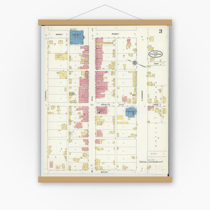 Old map wall art mockup — magnetic wood frame on white wall — Sanborn Fire Insurance Map from Saint Clairsville, Belmont County, Ohio (1911), Sheet #0003