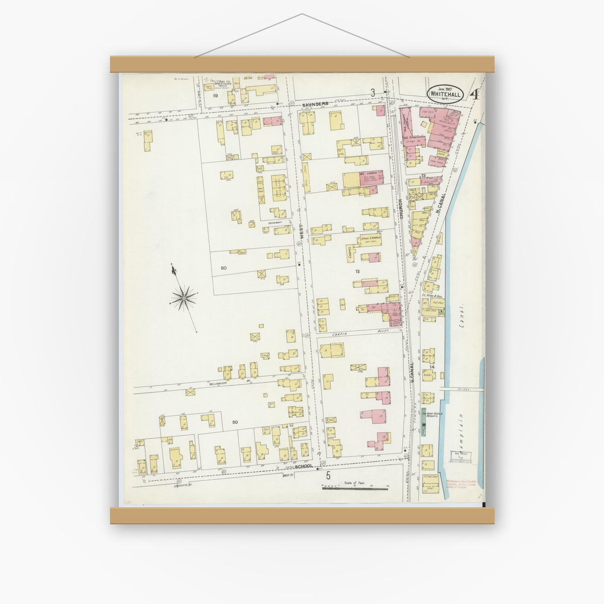 Old map wall art mockup — magnetic wood frame on white wall — Sanborn Fire Insurance Map from Whitehall, Washington County, New York (1907), Sheet #0004
