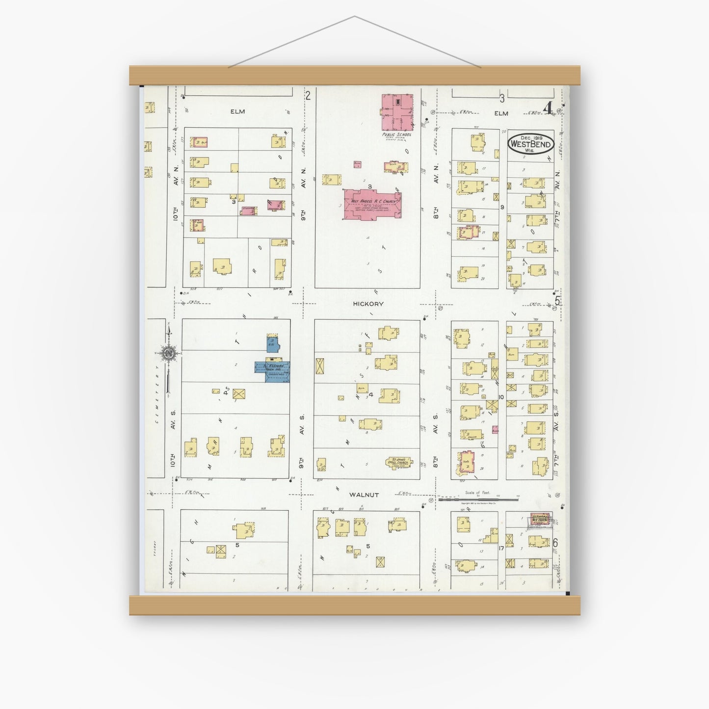 Old map wall art mockup — magnetic wood frame on white wall — Sanborn Fire Insurance Map from West Bend, Washington County, Wisconsin (1919), Sheet #0004
