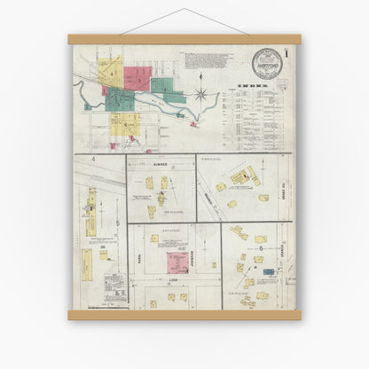 Old map wall art mockup — magnetic wood frame on white wall — Sanborn Fire Insurance Map from Hartford, Washington County, Wisconsin (1907), Sheet #0001