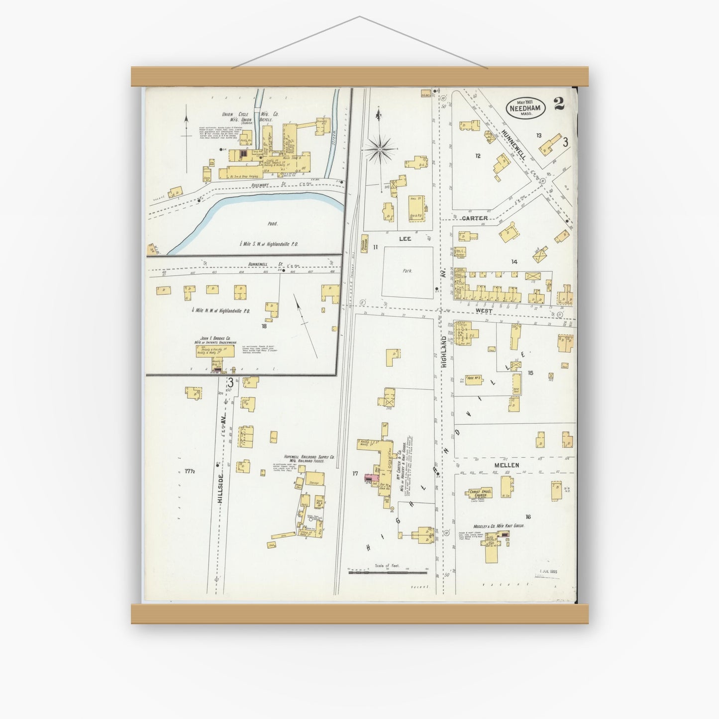 Old map wall art mockup — magnetic wood frame on white wall — Sanborn Fire Insurance Map from Needham, Norfolk County, Massachusetts (1901), Sheet #0002