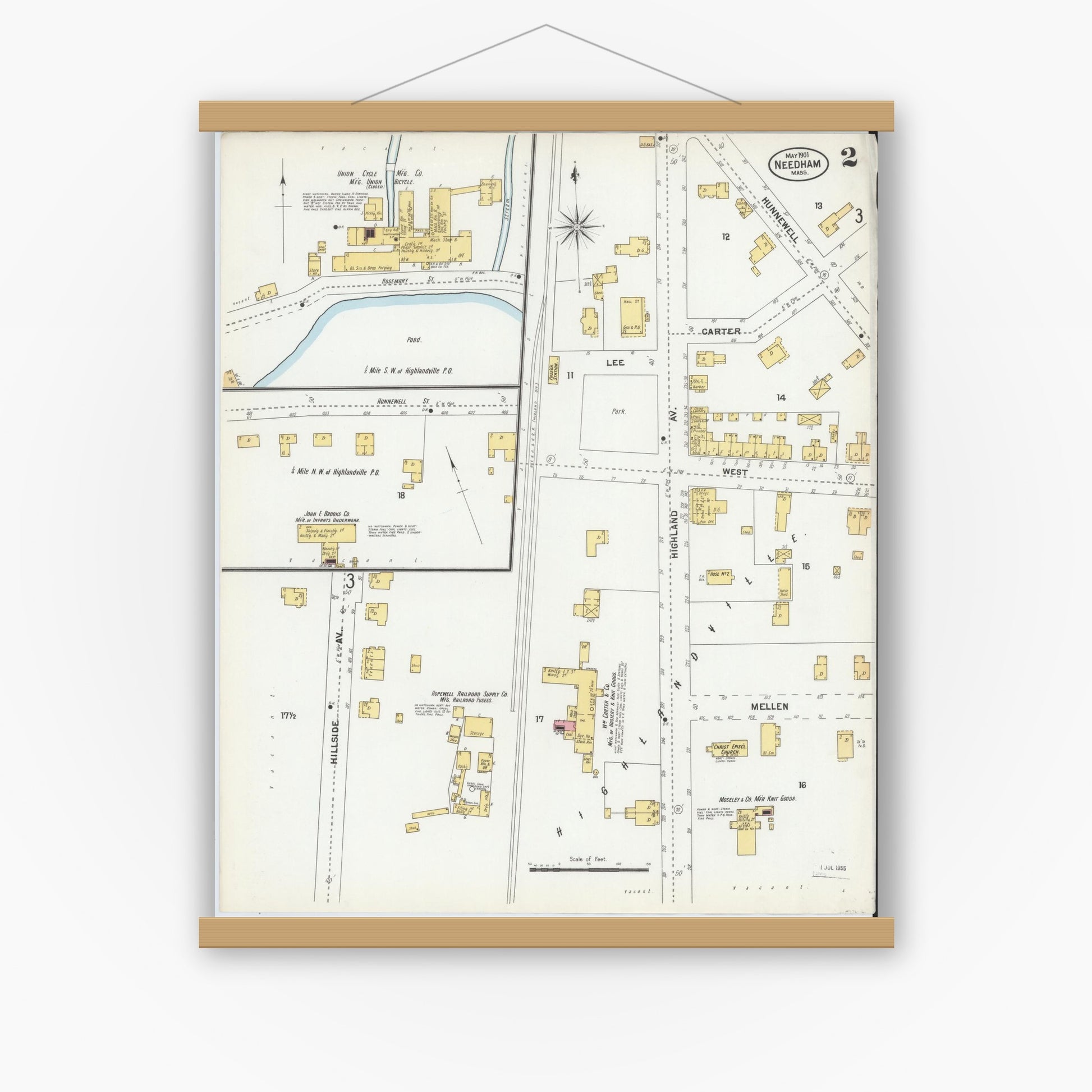 Old map wall art mockup — magnetic wood frame on white wall — Sanborn Fire Insurance Map from Needham, Norfolk County, Massachusetts (1901), Sheet #0002