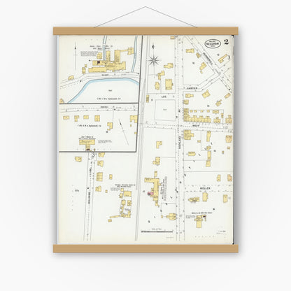 Old map wall art mockup — magnetic wood frame on white wall — Sanborn Fire Insurance Map from Needham, Norfolk County, Massachusetts (1901), Sheet #0002