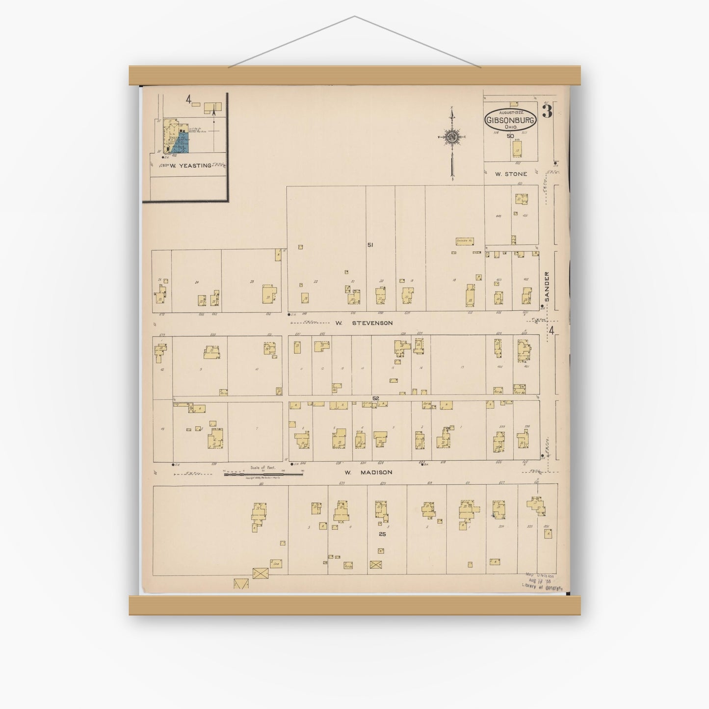 Old map wall art mockup — magnetic wood frame on white wall — Sanborn Fire Insurance Map from Gibsonburg, Sandusky County, Ohio (1922), Sheet #0003