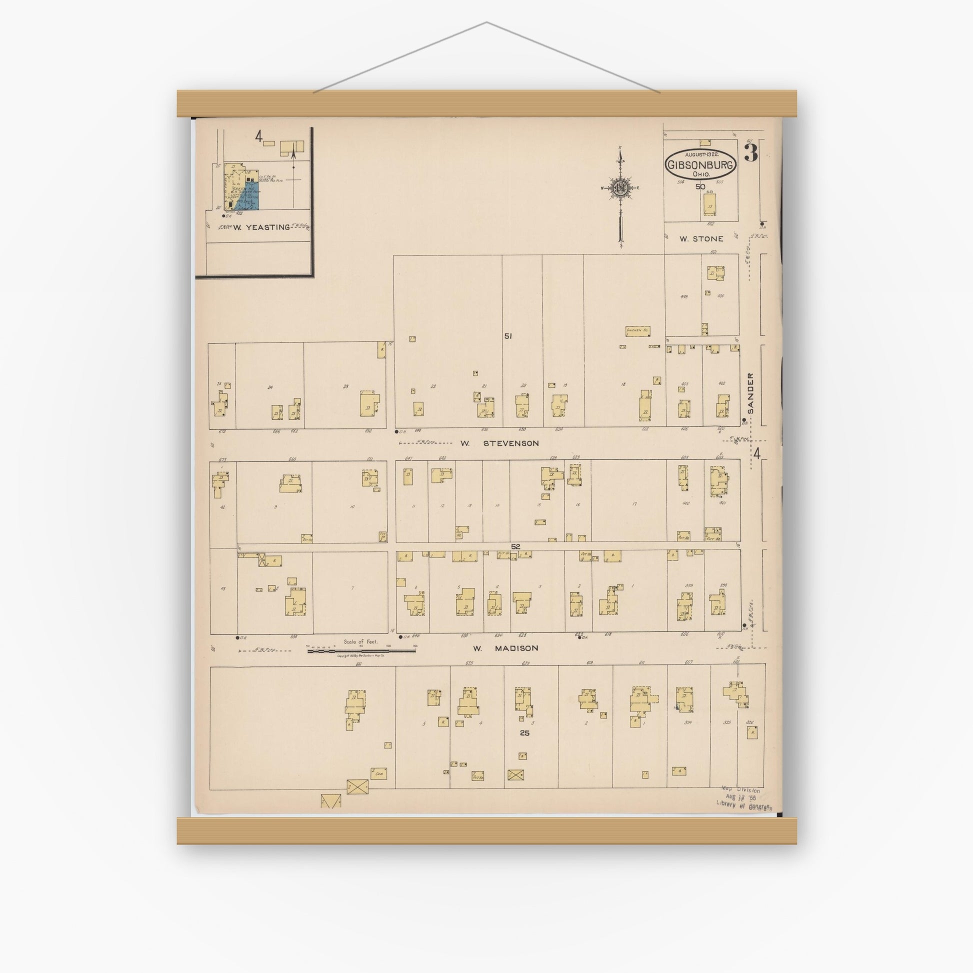 Old map wall art mockup — magnetic wood frame on white wall — Sanborn Fire Insurance Map from Gibsonburg, Sandusky County, Ohio (1922), Sheet #0003