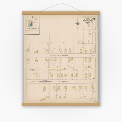 Old map wall art mockup — magnetic wood frame on white wall — Sanborn Fire Insurance Map from Gibsonburg, Sandusky County, Ohio (1922), Sheet #0003
