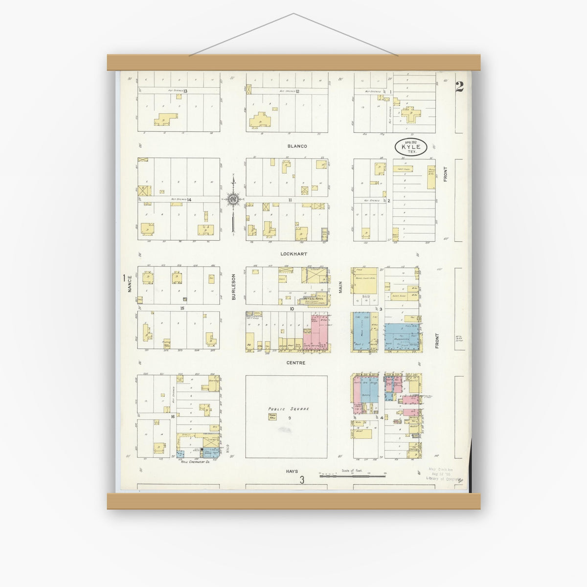 Old map wall art mockup — magnetic wood frame on white wall — Sanborn Fire Insurance Map from Kyle, Hays County, Texas (1912), Sheet #0002