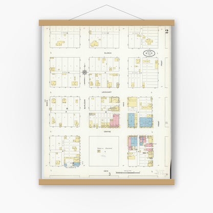 Old map wall art mockup — magnetic wood frame on white wall — Sanborn Fire Insurance Map from Kyle, Hays County, Texas (1912), Sheet #0002