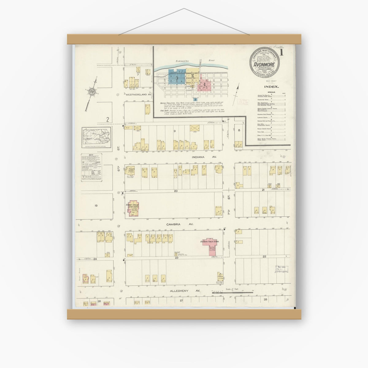 Old map wall art mockup — magnetic wood frame on white wall — Sanborn Fire Insurance Map from Avonmore, Westmoreland County, Pennsylvania (1913), Sheet #0001