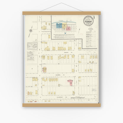 Old map wall art mockup — magnetic wood frame on white wall — Sanborn Fire Insurance Map from Avonmore, Westmoreland County, Pennsylvania (1913), Sheet #0001