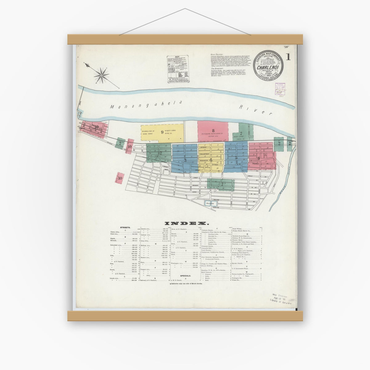 Old map wall art mockup — magnetic wood frame on white wall — Sanborn Fire Insurance Map from Charleroi, Washington County, Pennsylvania (1902) - Complete Map Set