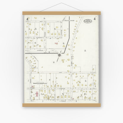 Old map wall art mockup — magnetic wood frame on white wall — Sanborn Fire Insurance Map from Chapel Hill, Orange County, North Carolina (1925), Sheet #0004