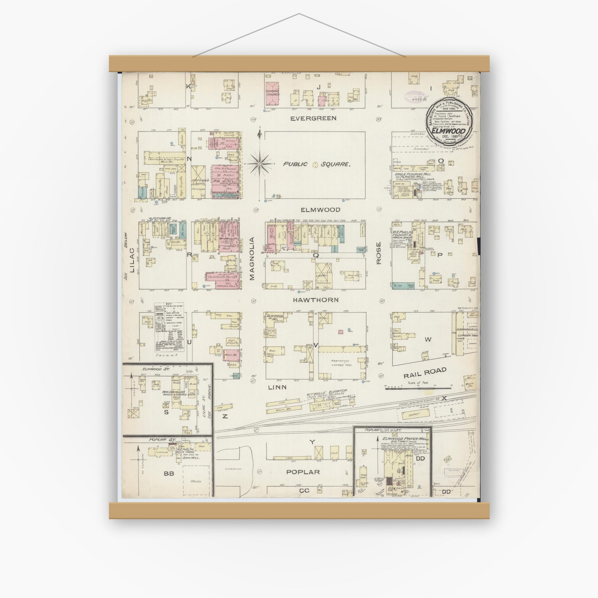 Old map wall art mockup — magnetic wood frame on white wall — Sanborn Fire Insurance Map from Elmwood, Peoria County, Illinois (1885), Sheet #0001