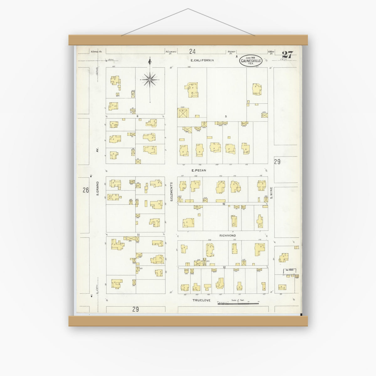 Old map wall art mockup — magnetic wood frame on white wall — Sanborn Fire Insurance Map from Gainesville, Cooke County, Texas (1908), Sheet #0027