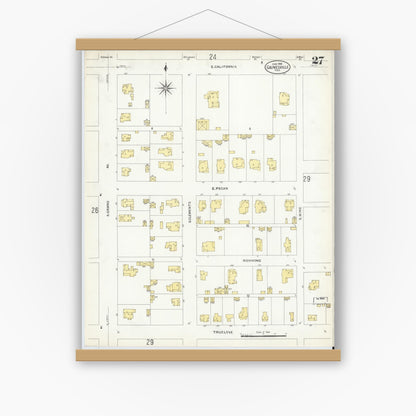 Old map wall art mockup — magnetic wood frame on white wall — Sanborn Fire Insurance Map from Gainesville, Cooke County, Texas (1908), Sheet #0027