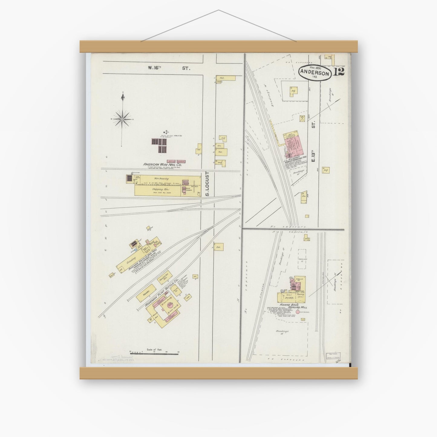 Old map wall art mockup — magnetic wood frame on white wall — Sanborn Fire Insurance Map from Anderson, Madison County, Indiana (1890), Sheet #0012