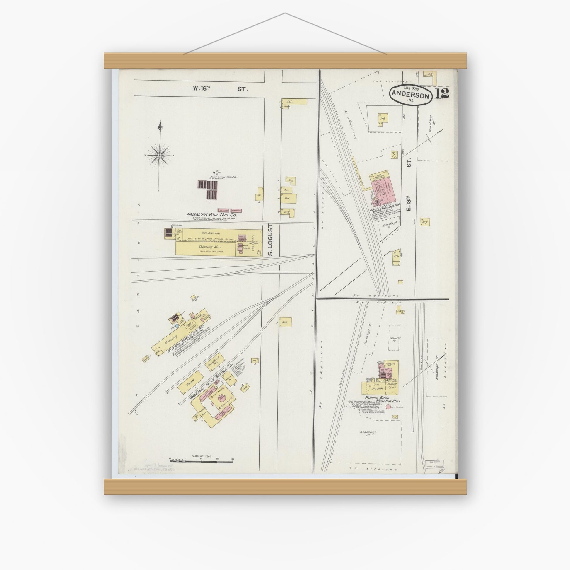 Old map wall art mockup — magnetic wood frame on white wall — Sanborn Fire Insurance Map from Anderson, Madison County, Indiana (1890), Sheet #0012