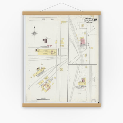Old map wall art mockup — magnetic wood frame on white wall — Sanborn Fire Insurance Map from Anderson, Madison County, Indiana (1890), Sheet #0012
