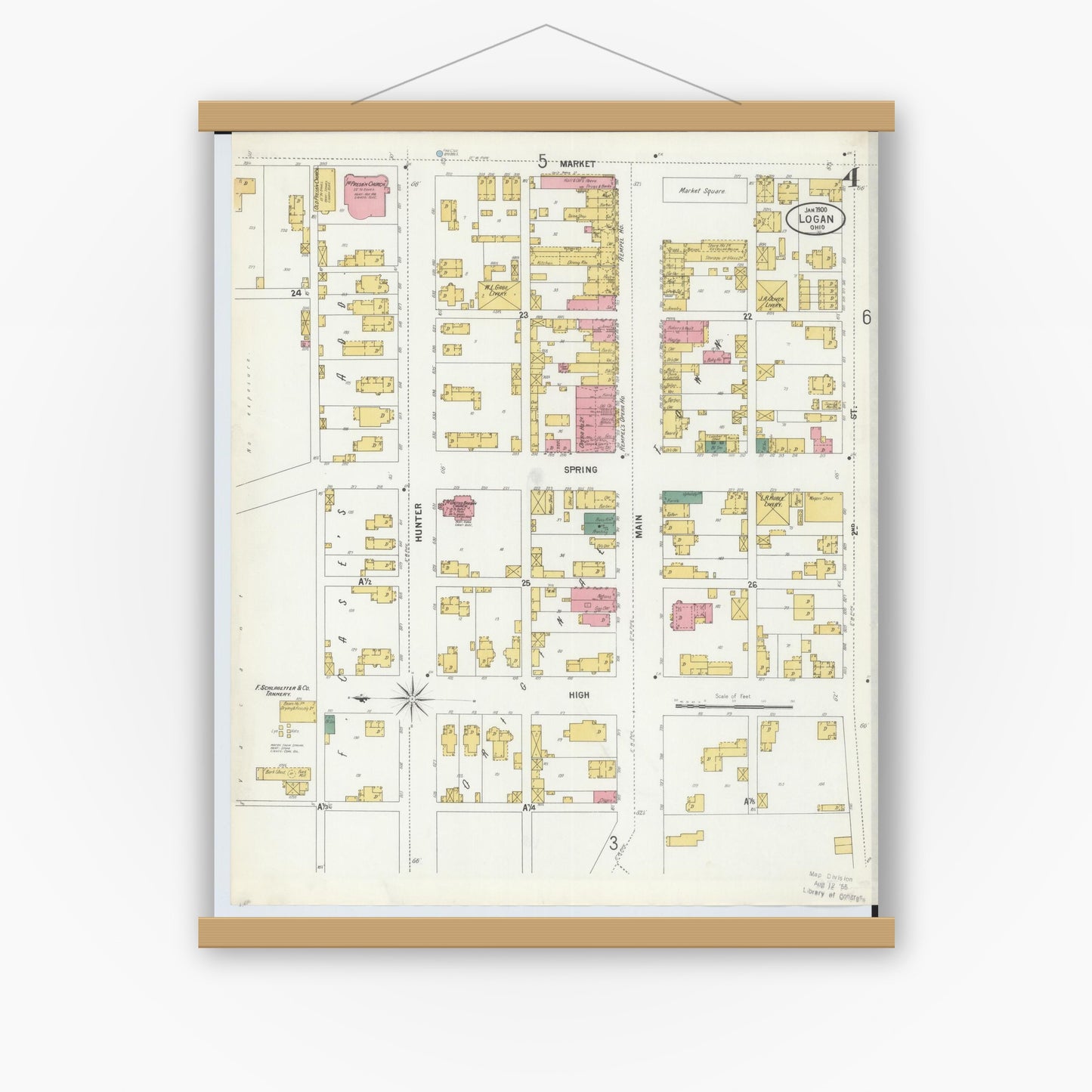 Old map wall art mockup — magnetic wood frame on white wall — Sanborn Fire Insurance Map from Logan, Hocking County, Ohio (1900), Sheet #0004